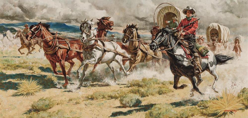 Appraisal: FRANK MCCARTHY American - Western Scene with Cowboys and Wagons