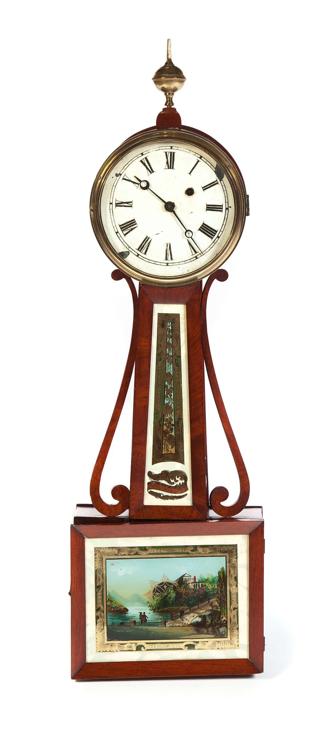 Appraisal: AMERICAN BANJO CLOCK First half- th century mahogany Panels of