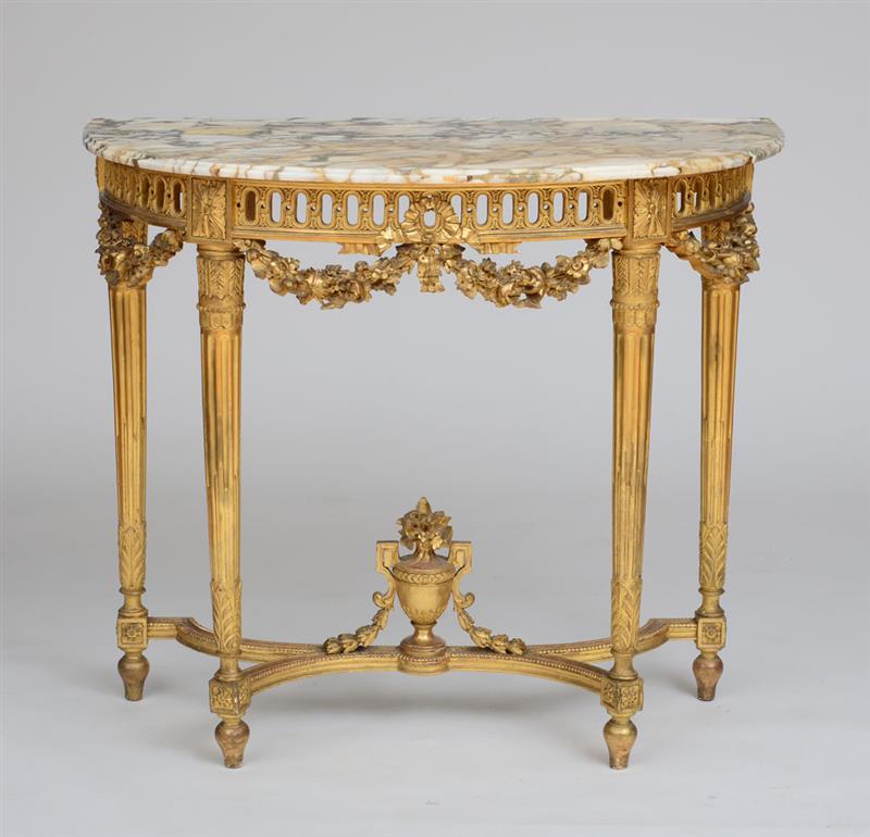 Appraisal: LOUIS XVI STYLE GILTWOOD CONSOLE With D-shaped marble top above