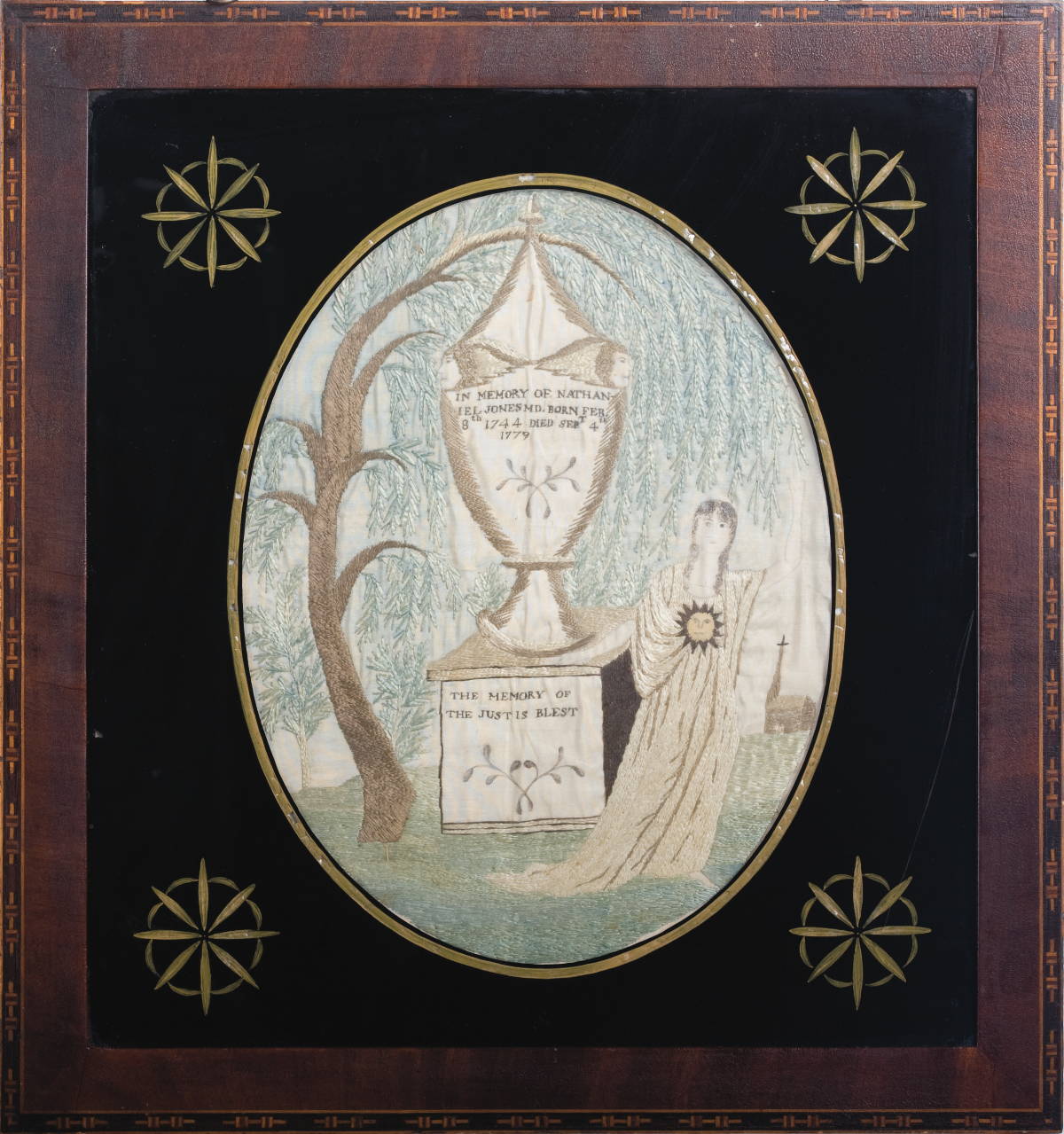 Appraisal: SILK NEEDLEWORK MEMORIAL FOR NATHANIAL JONES SEPTEMBER Paint and silk