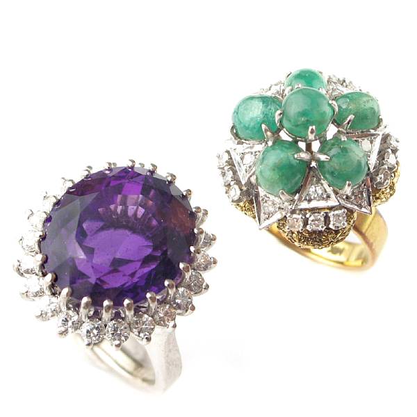 Appraisal: A collection of two gold rings featuring one emerald cabachon