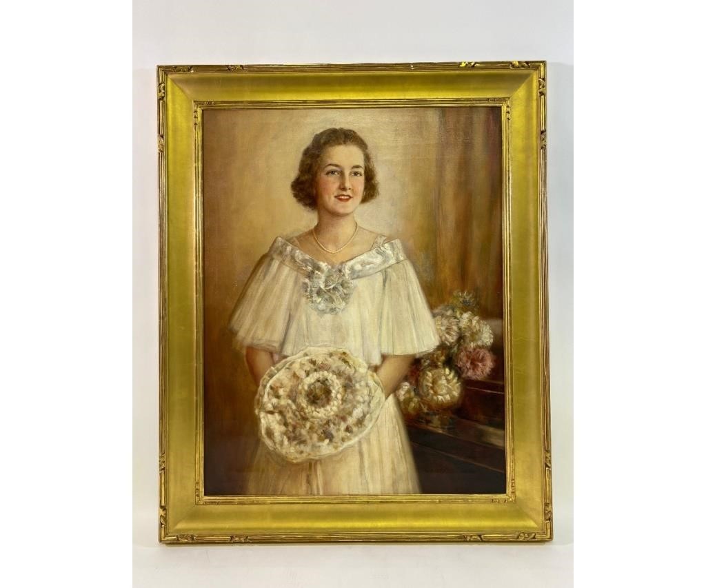 Appraisal: Oil on canvas society portrait of a young woman by