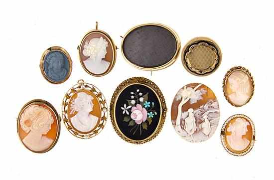 Appraisal: Collection of cameo and mourning pendants and brooches th century