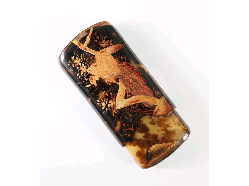 Appraisal: JAPANESE GOLD LACQUERED TORTOISESHELL CIGAR CASE decorated with a peacock