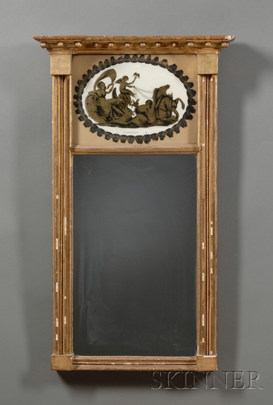 Appraisal: Federal Gilt-gesso Eglomise Commerce Mirror labeled Peter Grinnell and Son