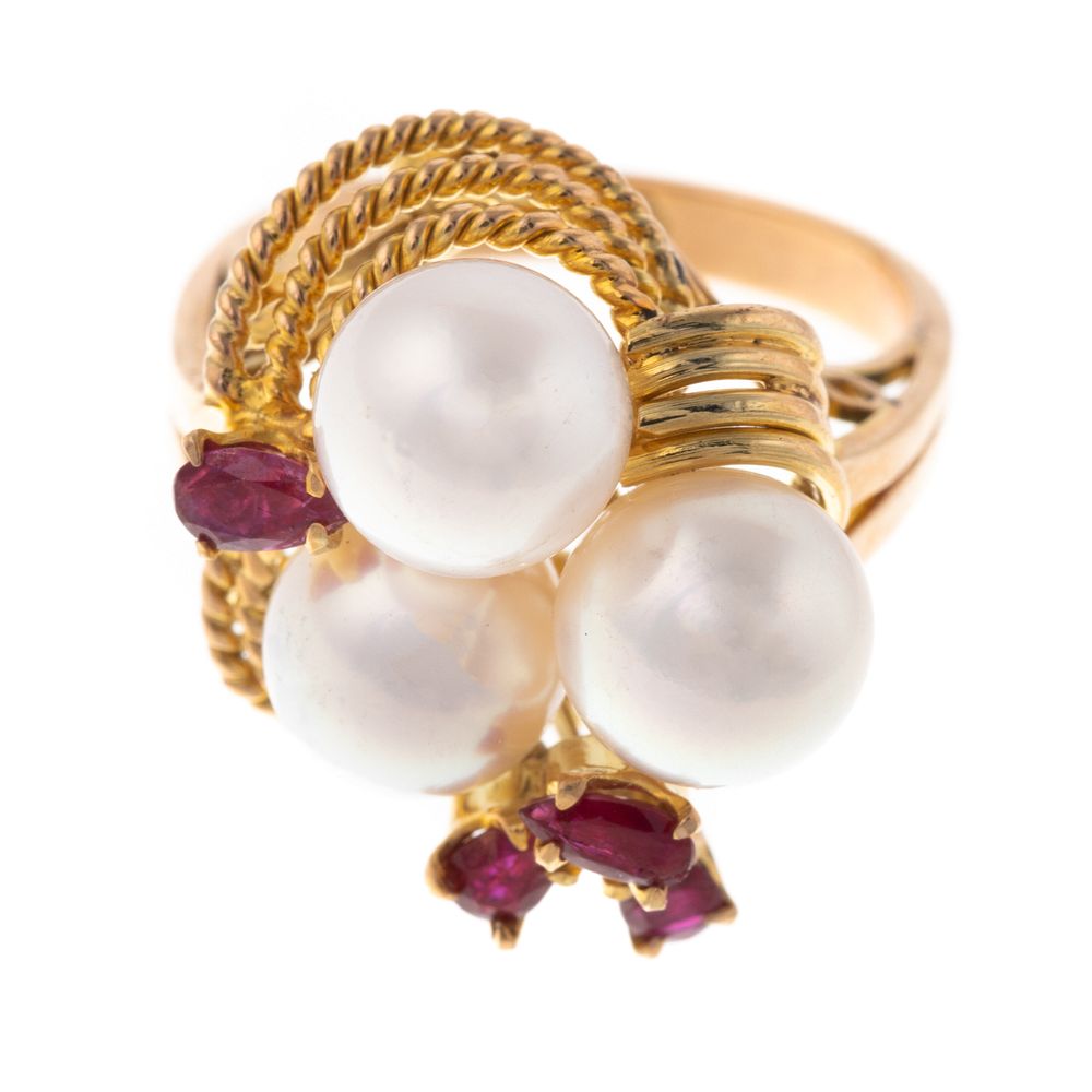 Appraisal: A Cultured Pearl Ruby Ring in K K yellow gold