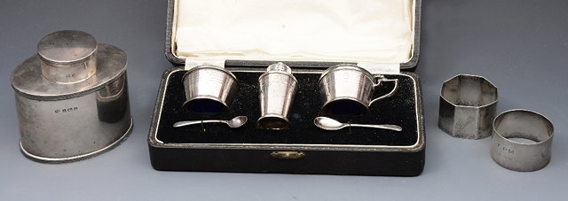 Appraisal: A CASED THREE PIECE SILVER CRUET SET of Art Deco