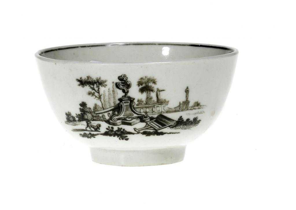 Appraisal: A DERBY TEA BOWL with overglaze black transfer prints of