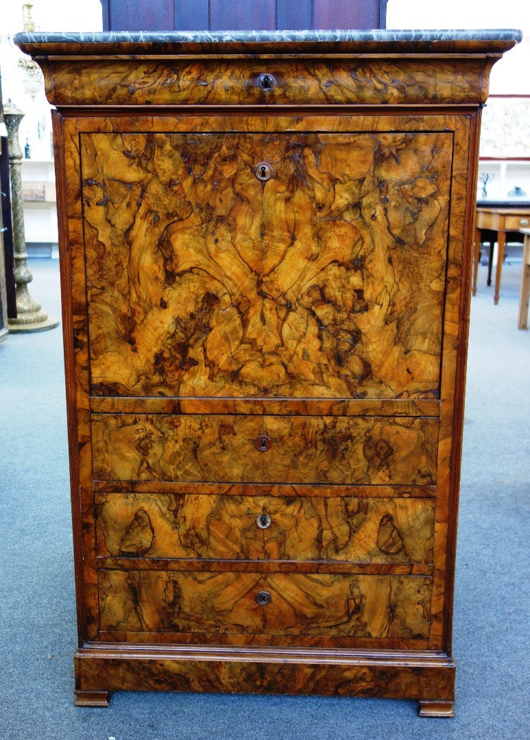 Appraisal: A th century figured walnut marble topped secretaire a abbatant