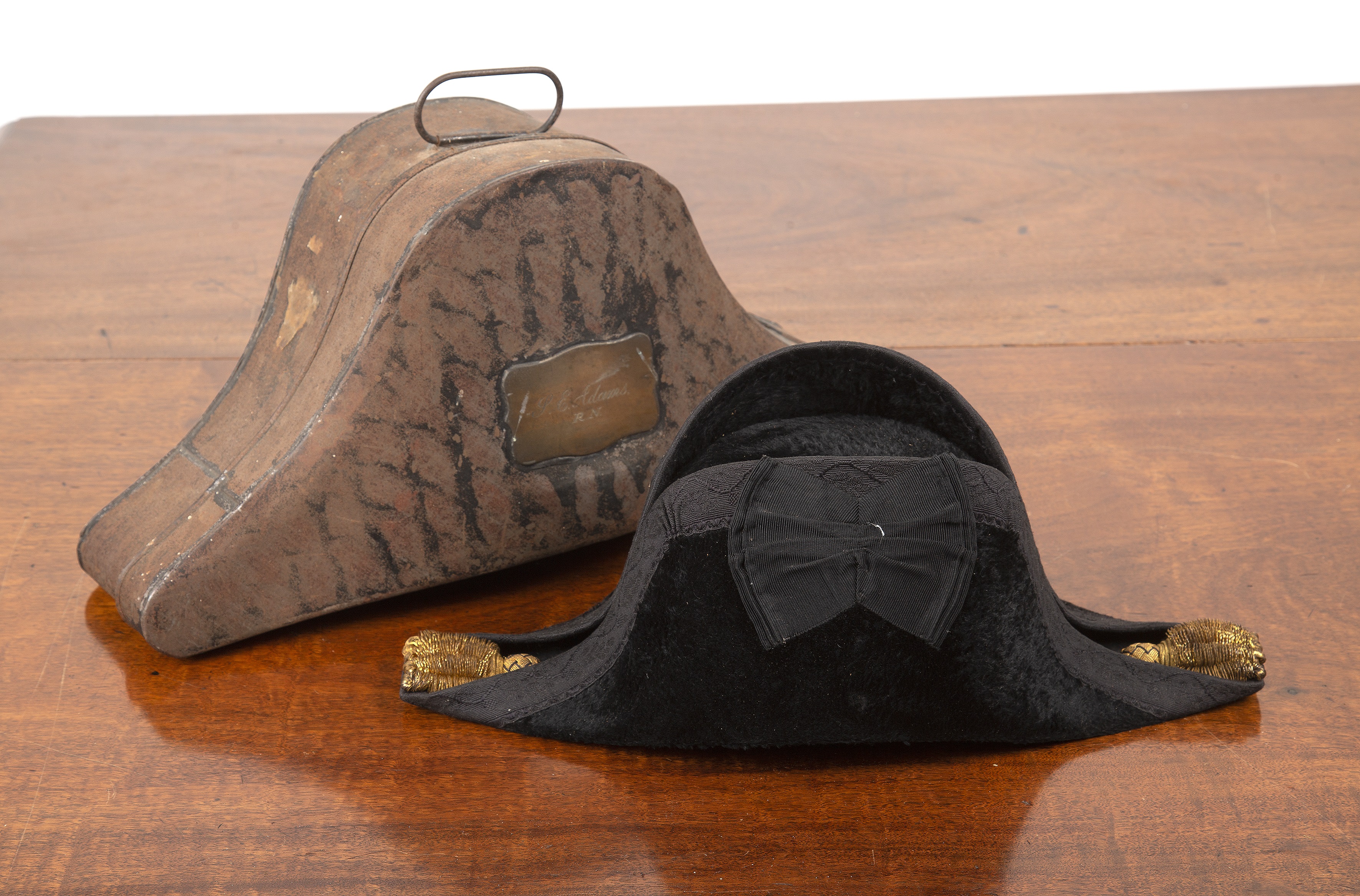 Appraisal: Royal Navy officer's bicorn cocked hat in metal case box