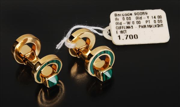 Appraisal: A pair of carat yellow gold and malachite cufflinks the