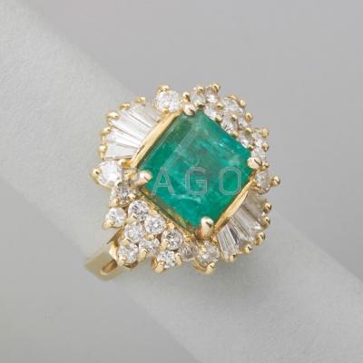 Appraisal: EMERALD AND DIAMOND K YELLOW GOLD RING Square faceted emerald