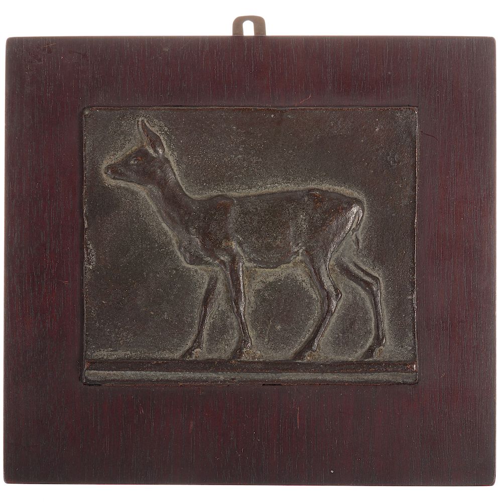 Appraisal: Bronze Plaque Of Deer On Wood Frame Bronze plaque of