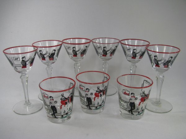 Appraisal: Nine vintage hunt club scene glasses with bright red rims