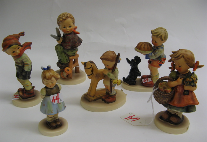 Appraisal: SIX GERMAN HUMMEL FIGURES Begging His Share HUM - H