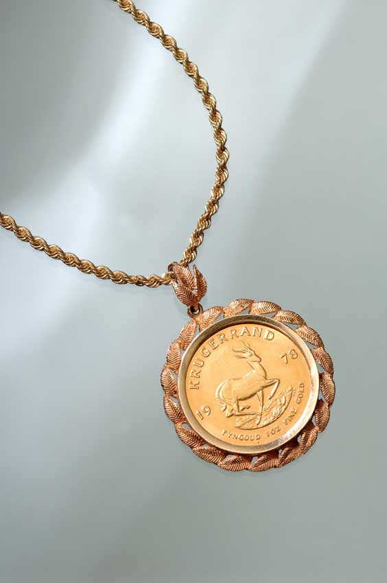 Appraisal: KRUGERRAND GOLD COIN PENDANT Krugerrand K yellow gold coin weighing