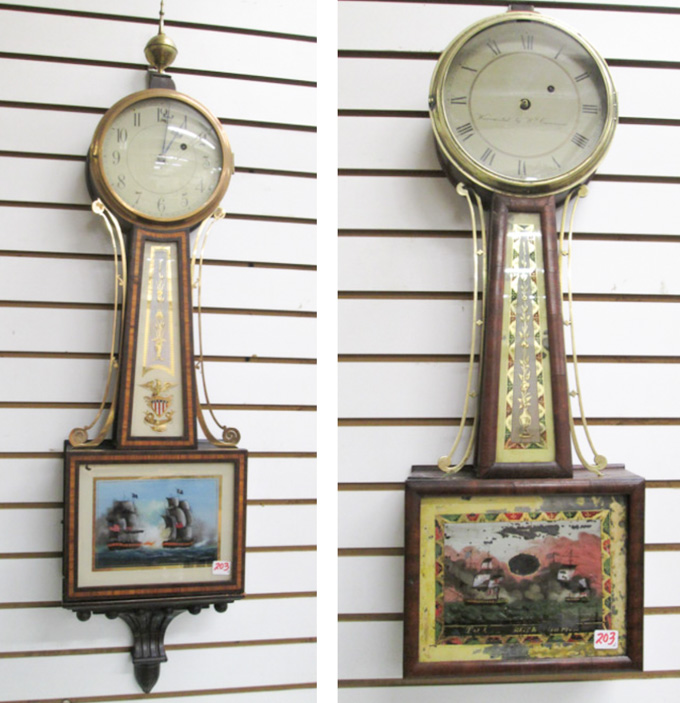 Appraisal: TWO AMERICAN ONE-WEIGHT BANJO WALL CLOCKS E Howard Co Boston