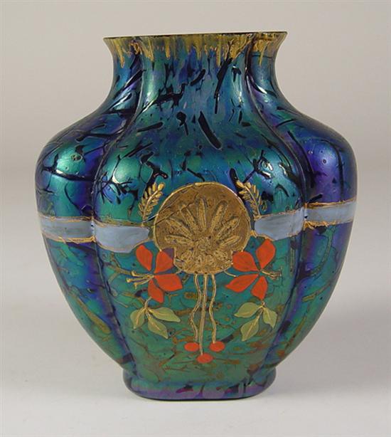 Appraisal: Loetz-Style Enameled Vase Blue iridescent vase with gold and enameled