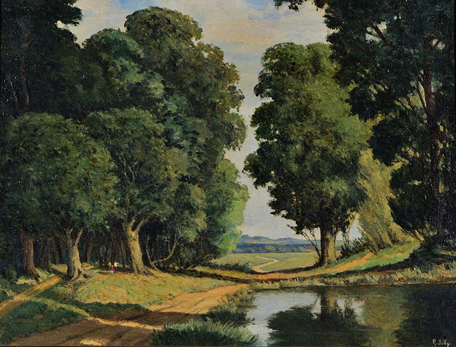 Appraisal: R JOLLYLandscape with figures by a wooded track and pool