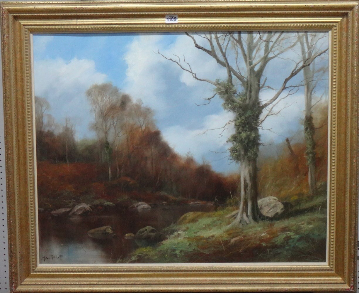 Appraisal: John Trickett b River landscape oil on canvas signed cm