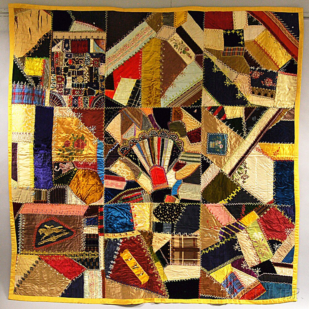 Appraisal: Silk and Velvet Block-pattern Crazy Quilt late th century lg