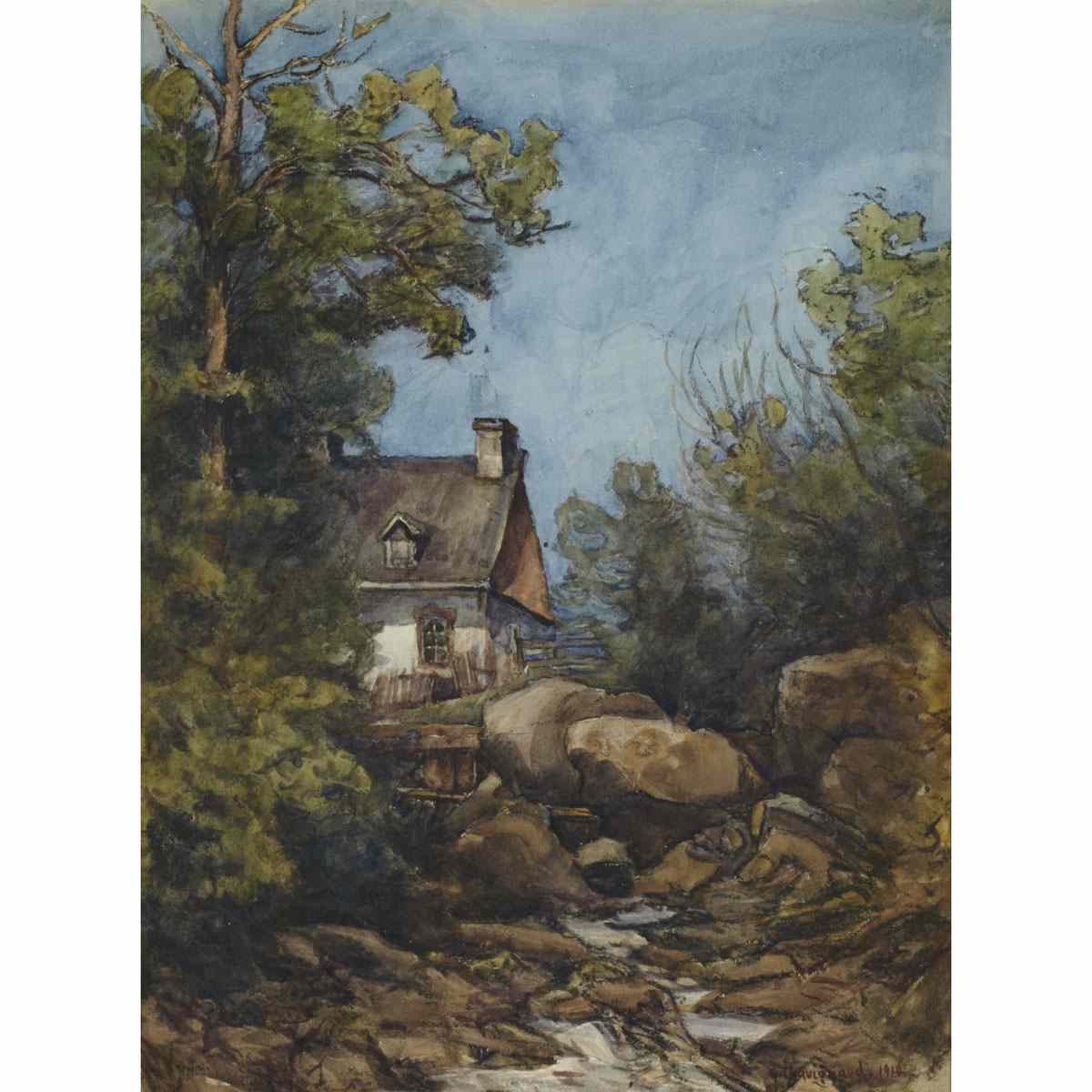 Appraisal: GEORGES CHAUVIGNAUD COTTAGE WITH CREEK BELOW Medium watercolour signed and