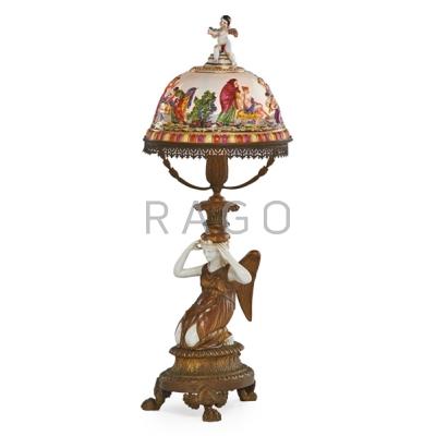 Appraisal: CAPODIMONTE STYLE FIGURAL BRONZE LAMP European early th c Shade