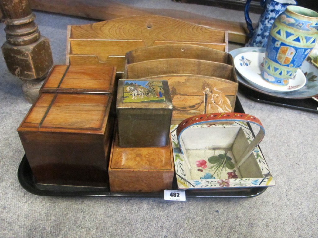 Appraisal: Two wooden letter racks four boxes and a painted basket