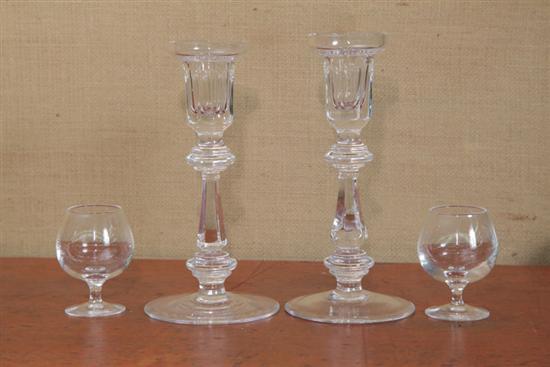 Appraisal: FOUR PIECES OF CLEAR GLASS Pair of candlesticks signed ''Waterford''