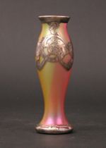 Appraisal: Iridescent Vase with Silver Overlay Slender iridescent vase ranges in