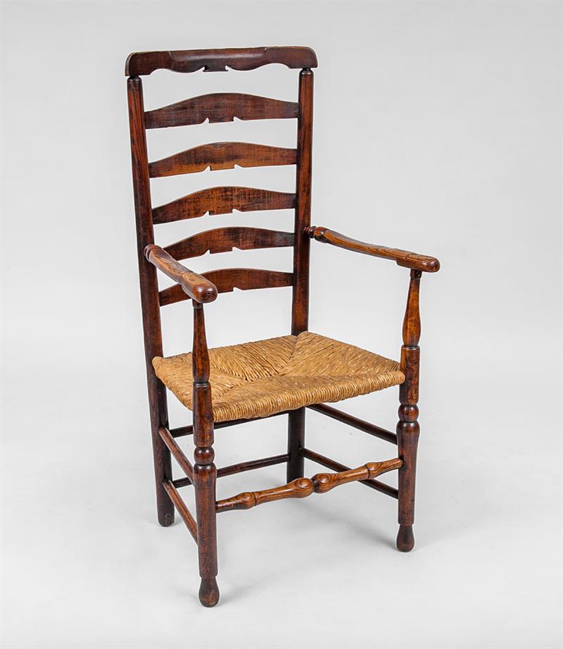 Appraisal: French Provincial Oak Ladder-Back Armchair With rush seat x x