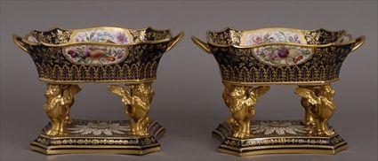 Appraisal: PAIR OF ENGLISH PORCELAIN COBALT-GROUND FRUIT STANDS Each chamfered rectangular