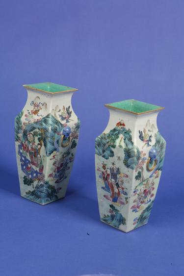 Appraisal: A PAIR OF CHINESE FAMILLE ROSE VERTE VASES of square