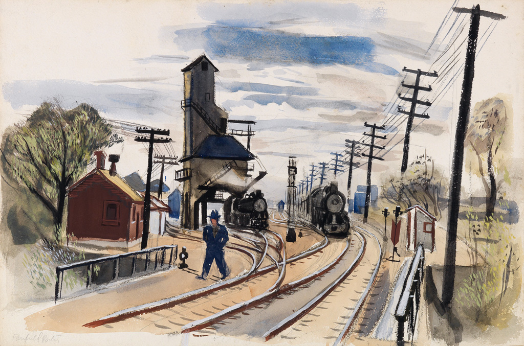 Appraisal: FAIRFIELD PORTER Railroad Tracks and Locomotives Watercolor gouache and pencil