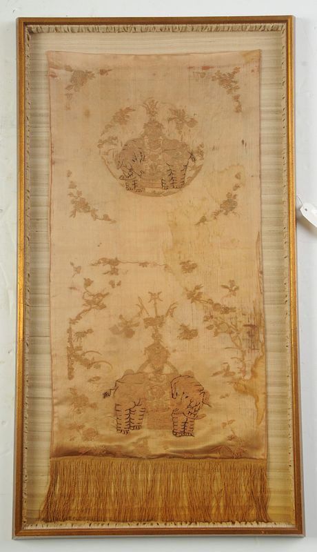 Appraisal: Chinese Silk Embroidered Panel with Elephants Qing dynasty couched gold