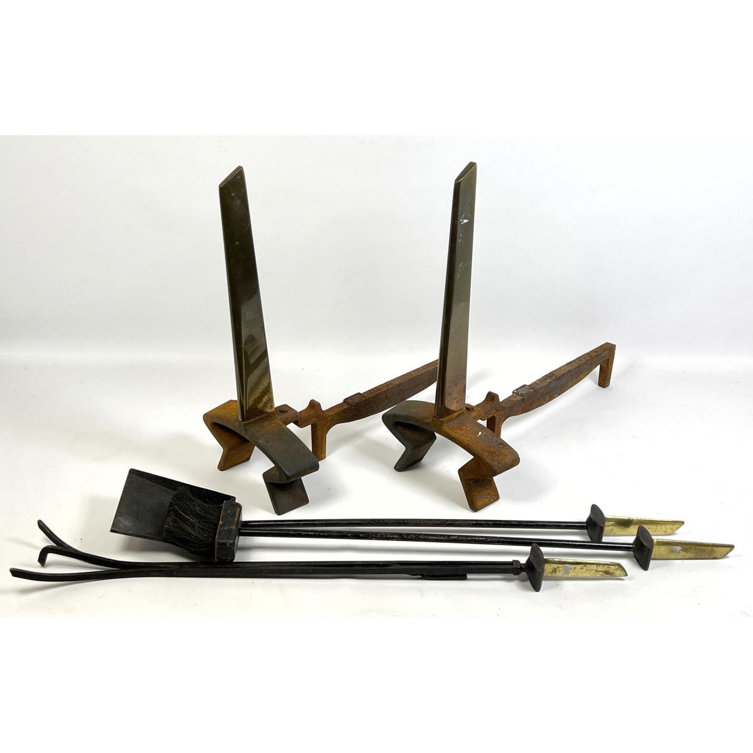 Appraisal: Set Donald Deskey andirons with fireplace tools Dimensions H inches