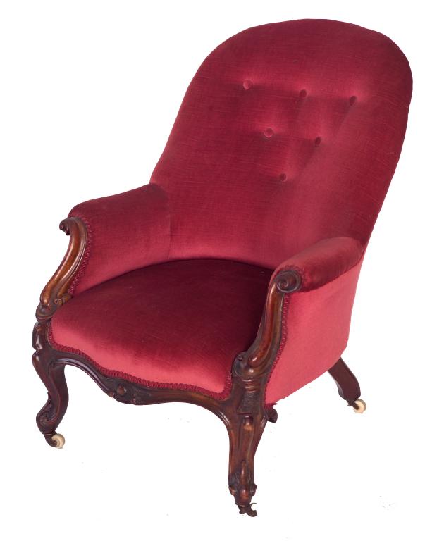 Appraisal: VICTORIAN BUTTON-BACK WALNUT LADIES ARMCHAIR with scroll-carved arms on cabriole