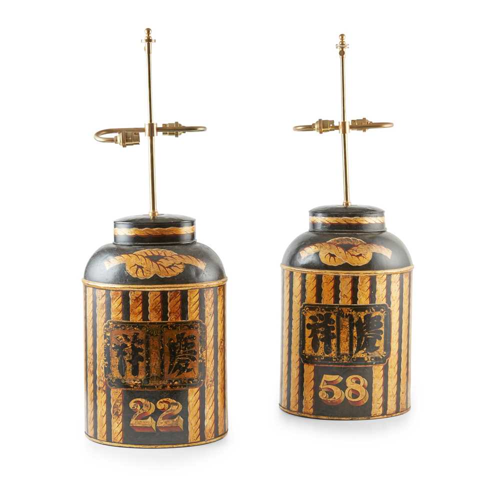 Appraisal: PAIR OF PAINTED AND PARCEL GILT TOLE TEA CANISTER LAMPS