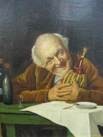 Appraisal: th Century German Oil of a Happydrunken man seated hugging