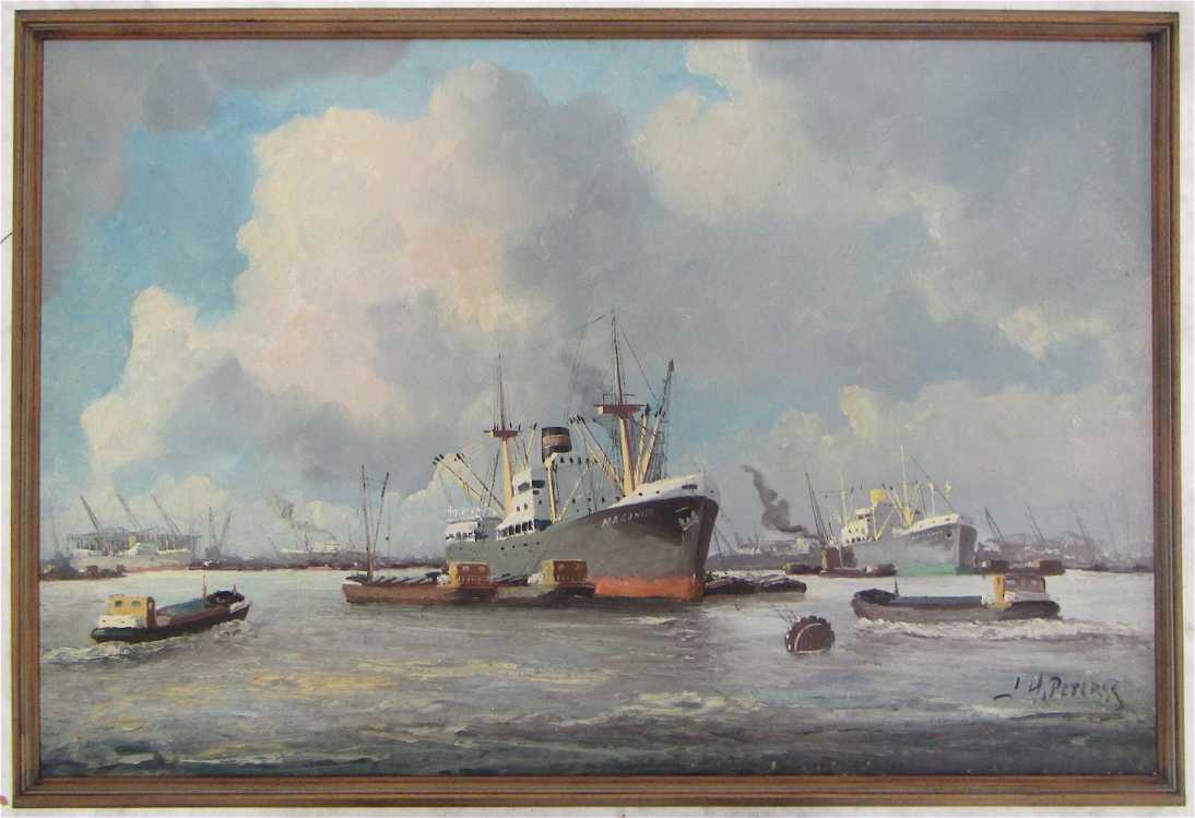 Appraisal: J H PETERSS OIL ON CANVAS Dutch born Amsterdam Harbor