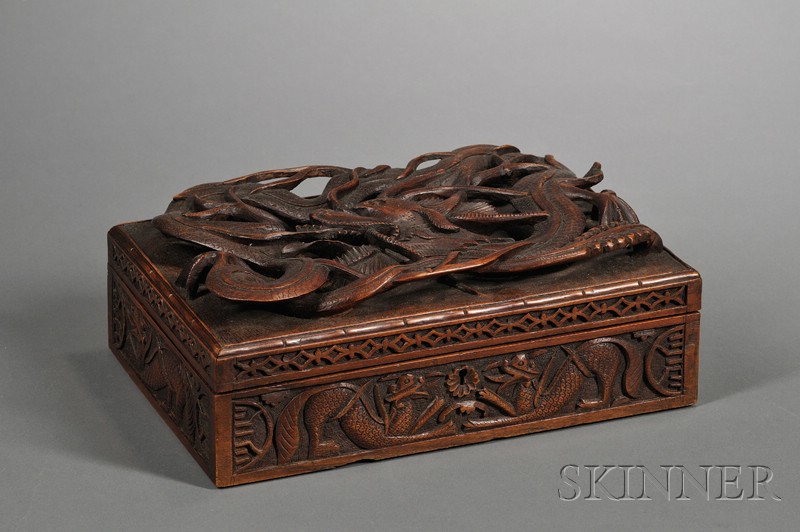 Appraisal: Carved Mahogany Box with Asian-style Relief Decoration th century hinged