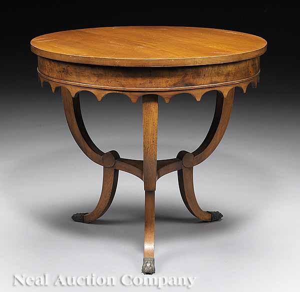 Appraisal: A Neoclassical-Style Mahogany Center Table circular top on scrolled supports