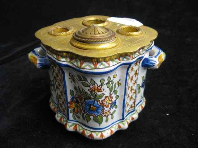 Appraisal: French Faience Pottery Inkwell fine floral bronze top '' excellent