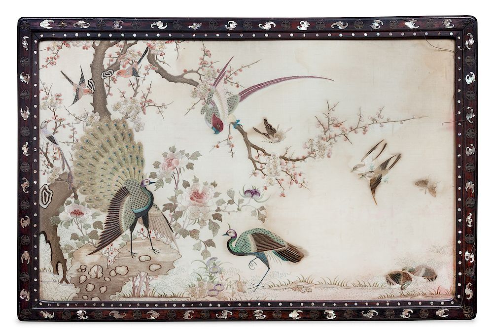 Appraisal: A Cantonese Embroidered Silk Wall Panel Visible height x width