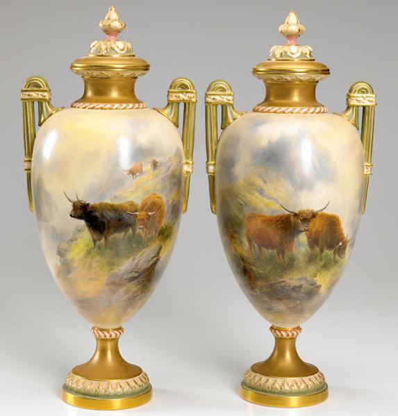 Appraisal: ROYAL WORCESTER Pair of covered urns decorated with highland cattle