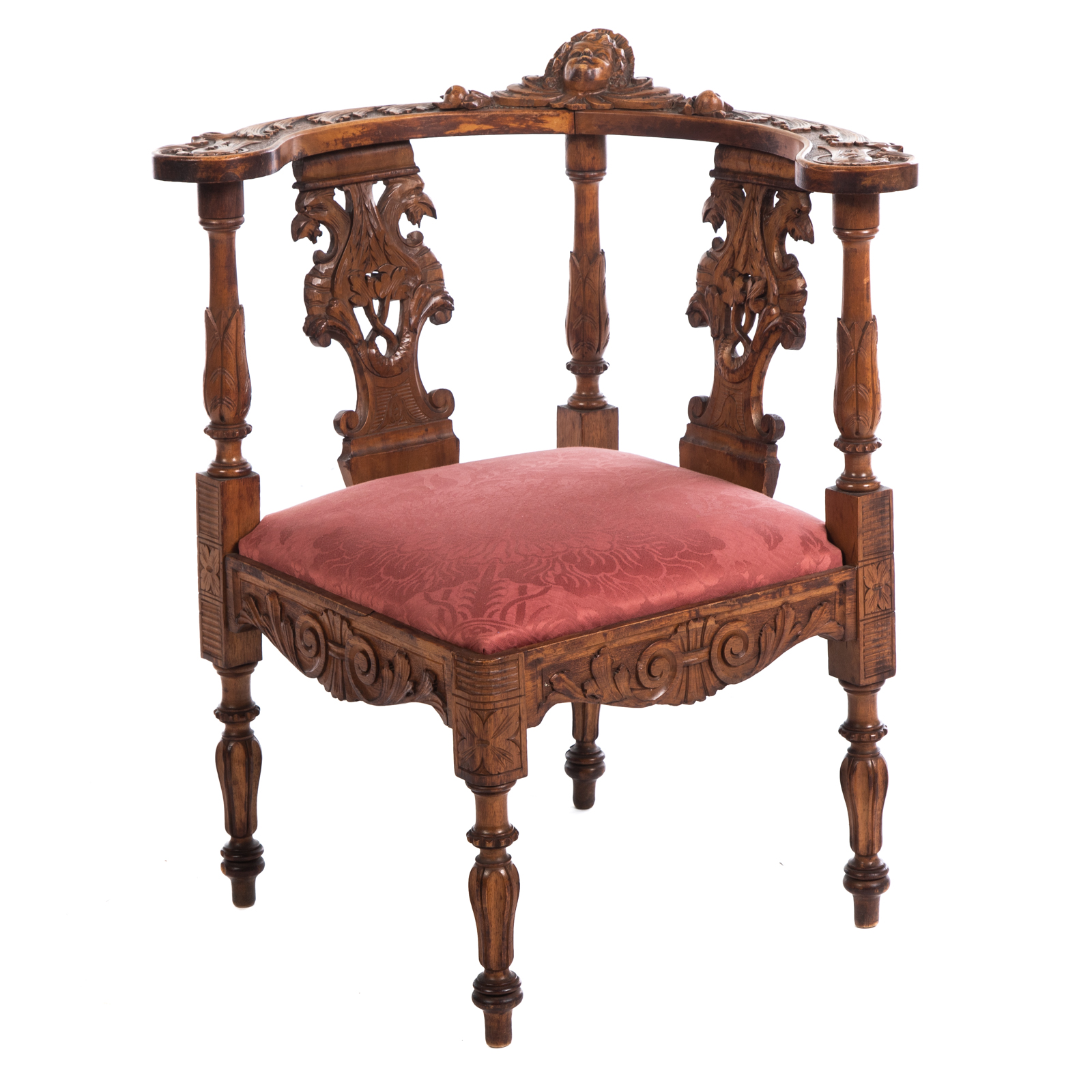 Appraisal: CONTINENTAL RENAISSANCE REVIVAL CORNER CHAIR Elaborately carved fruitwood corner chair