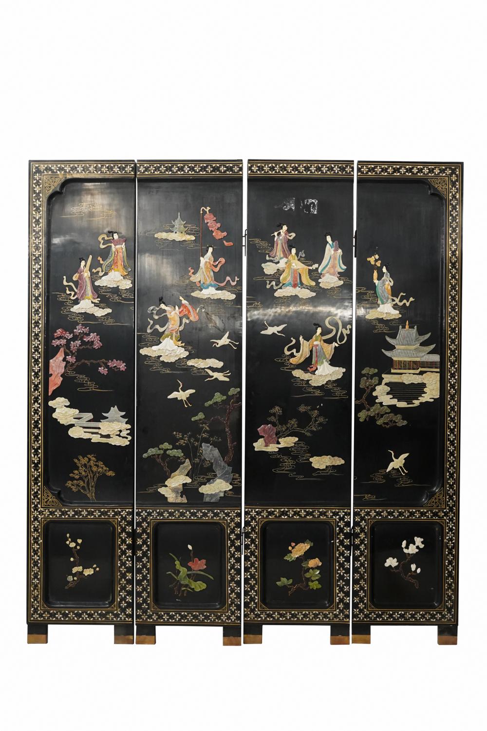 Appraisal: CHINESE CARVED INLAID FOUR-PANEL SCREENCondition with lifting to veneer chipping