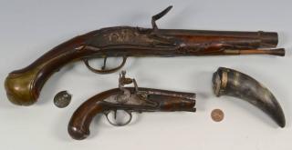 Appraisal: Continental Flintlock Pistols Powder Horn Grouping of two Continental flintlock