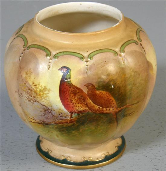 Appraisal: Crown Devon hand painted pottery vase decorated with pheasants h