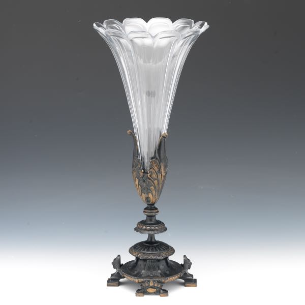 Appraisal: French Neo-Classical Patinated Metal and Crystal Glass Tulip Epergne Vase